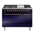 ILVE UP48FQNMPMBG Nostalgie II 48 inch Dual Fuel Range with 5.02 cu. ft. Total Double Oven Capacity (8 Sealed Burners + Griddle, Natural Gas, Solid Door, Midnight Blue, Brass)