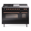 ILVE UP48FSNMPBKP Nostalgie II 48 inch Dual Fuel Range with 5.02 cu. ft. Total Double Oven Capacity (5 Sealed Burners + Griddle + French Top, Natural Gas, Triple Glass Door, Glossy Black, Copper)