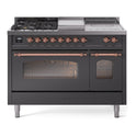 ILVE UP48FSNMPMGP Nostalgie II 48 inch Dual Fuel Range with 5.02 cu. ft. Total Double Oven Capacity (5 Sealed Burners + Griddle + French Top, Natural Gas, Triple Glass Door, Graphite Matte, Copper)