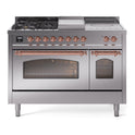 ILVE UP48FSNMPSSP Nostalgie II 48 inch Dual Fuel Range with 5.02 cu. ft. Total Double Oven Capacity (5 Sealed Burners + Griddle + French Top, Natural Gas, Triple Glass Door, Stainless Steel, Copper)