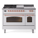 ILVE UP48FSNMPWHP Nostalgie II 48 inch Dual Fuel Range with 5.02 cu. ft. Total Double Oven Capacity (5 Sealed Burners + Griddle + French Top, Natural Gas, Triple Glass Door, White, Copper)