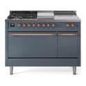 ILVE UP48FSQNMPBGP Nostalgie II 48 inch Dual Fuel Range with 5.02 cu. ft. Total Double Oven Capacity (5 Sealed Burners + Griddle + French Top, Natural Gas, Solid Door, Blue Grey, Copper)