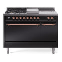 ILVE UP48FSQNMPBKP Nostalgie II 48 inch Dual Fuel Range with 5.02 cu. ft. Total Double Oven Capacity (5 Sealed Burners + Griddle + French Top, Natural Gas, Solid Door, Glossy Black, Copper)
