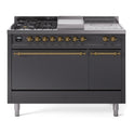 ILVE UP48FSQNMPMGG Nostalgie II 48 inch Dual Fuel Range with 5.02 cu. ft. Total Double Oven Capacity (5 Sealed Burners + Griddle + French Top, Natural Gas, Solid Door, Graphite Matte, Brass)