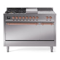 ILVE UP48FSQNMPSSP Nostalgie II 48 inch Dual Fuel Range with 5.02 cu. ft. Total Double Oven Capacity (5 Sealed Burners + Griddle + French Top, Natural Gas, Solid Door, Stainless Steel, Copper)