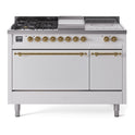 ILVE UP48FSQNMPWHG Nostalgie II 48 inch Dual Fuel Range with 5.02 cu. ft. Total Double Oven Capacity (5 Sealed Burners + Griddle + French Top, Natural Gas, Solid Door, White, Brass)