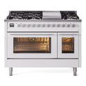 ILVE UP48FWMPWH Professional Plus II 48 inch Dual Fuel Range (8 Sealed Burners + Griddle, Natural Gas, Triple Glass Door, White)
