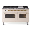 ILVE UP60FNMPAWG Nostalgie II 60 inch Dual Fuel Range with 5.8 cu. ft. Total Double Oven Capacity (9 Sealed Burners + Griddle, Natural Gas, Triple Glass Door, Antique White, Brass)