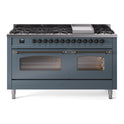 ILVE UP60FNMPBGB Nostalgie II 60 inch Dual Fuel Range with 5.8 cu. ft. Total Double Oven Capacity (9 Sealed Burners + Griddle, Natural Gas, Triple Glass Door, Blue Grey, Burnished)