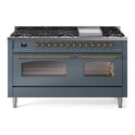 ILVE UP60FNMPBGG Nostalgie II 60 inch Dual Fuel Range with 5.8 cu. ft. Total Double Oven Capacity (9 Sealed Burners + Griddle, Natural Gas, Triple Glass Door, Blue Grey, Brass)