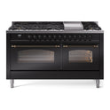 ILVE UP60FNMPBKB Nostalgie II 60 inch Dual Fuel Range with 5.8 cu. ft. Total Double Oven Capacity (9 Sealed Burners + Griddle, Natural Gas, Triple Glass Door, Glossy Black, Burnished)