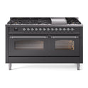 ILVE UP60FNMPMGC Nostalgie II 60 inch Dual Fuel Range with 5.8 cu. ft. Total Double Oven Capacity (9 Sealed Burners + Griddle, Natural Gas, Triple Glass Door, Graphite Matte, Chrome)