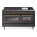 ILVE UP60FNMPMGGLP Nostalgie II 60 inch Dual Fuel Range with 5.8 cu. ft. Total Double Oven Capacity (9 Sealed Burners + Griddle, Liquid Propane, Triple Glass Door, Graphite Matte, Brass)