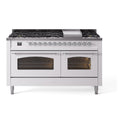 ILVE UP60FNMPWHC Nostalgie II 60 inch Dual Fuel Range with 5.8 cu. ft. Total Double Oven Capacity (9 Sealed Burners + Griddle, Natural Gas, Triple Glass Door, White, Chrome)