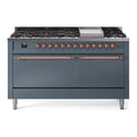 ILVE UP60FQNMPBGP Nostalgie II 60 inch Dual Fuel Range with 5.8 cu. ft. Total Double Oven Capacity (9 Sealed Burners + Griddle, Natural Gas, Solid Door, Blue Grey, Copper)