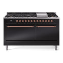 ILVE UP60FQNMPBKP Nostalgie II 60 inch Dual Fuel Range with 5.8 cu. ft. Total Double Oven Capacity (9 Sealed Burners + Griddle, Natural Gas, Solid Door, Glossy Black, Copper)