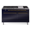 ILVE UP60FQNMPMBG Nostalgie II 60 inch Dual Fuel Range with 5.8 cu. ft. Total Double Oven Capacity (9 Sealed Burners + Griddle, Natural Gas, Solid Door, Midnight Blue, Brass)