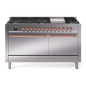 ILVE UP60FQNMPSSP Nostalgie II 60 inch Dual Fuel Range with 5.8 cu. ft. Total Double Oven Capacity (9 Sealed Burners + Griddle, Natural Gas, Solid Door, Stainless Steel, Copper)
