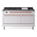 ILVE UP60FQNMPWHP Nostalgie II 60 inch Dual Fuel Range with 5.8 cu. ft. Total Double Oven Capacity (9 Sealed Burners + Griddle, Natural Gas, Solid Door, White, Copper)