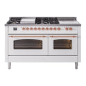 ILVE UP60FSNMPWHP Nostalgie II 60 inch Dual Fuel Range with 5.8 cu. ft. Total Double Oven Capacity (7 Sealed Burners + Griddle + French Top, Natural Gas, Triple Glass Door, White, Copper)