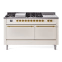 ILVE UP60FSQNMPAWG Nostalgie II 60 inch Dual Fuel Range with 5.8 cu. ft. Total Double Oven Capacity (7 Sealed Burners + Griddle + French Top, Natural Gas, Solid Door, Antique White, Brass)