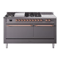 ILVE UP60FSQNMPMGP Nostalgie II 60 inch Dual Fuel Range with 5.8 cu. ft. Total Double Oven Capacity (7 Sealed Burners + Griddle + French Top, Natural Gas, Solid Door, Graphite Matte, Copper)