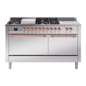 ILVE UP60FSQNMPSSP Nostalgie II 60 inch Dual Fuel Range with 5.8 cu. ft. Total Double Oven Capacity (7 Sealed Burners + Griddle + French Top, Natural Gas, Solid Door, Stainless Steel, Copper)