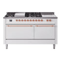 ILVE UP60FSQNMPWHP Nostalgie II 60 inch Dual Fuel Range with 5.8 cu. ft. Total Double Oven Capacity (7 Sealed Burners + Griddle + French Top, Natural Gas, Solid Door, White, Copper)