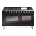 ILVE UP60FWMPBK Professional Plus II 60 inch Dual Fuel Range (9 Sealed Burners + Griddle, Natural Gas, Triple Glass Door, Glossy Black)