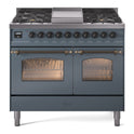 ILVE UPD40FNMPBGBLP Nostalgie II 40 inch Dual Fuel Range with Double Ovens, 6 Burners and Griddle (Liquid Propane, Triple Glass Door, Blue Grey, Burnished)