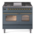 ILVE UPD40FNMPBGG Nostalgie II 40 inch Dual Fuel Range with Double Ovens, 6 Burners and Griddle (Natural Gas, Triple Glass Door, Blue Grey, Brass)