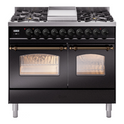 ILVE UPD40FNMPBKB Nostalgie II 40 inch Dual Fuel Range with Double Ovens, 6 Burners and Griddle (Natural Gas, Triple Glass Door, Glossy Black, Burnished)
