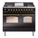 ILVE UPD40FNMPBKG Nostalgie II 40 inch Dual Fuel Range with Double Ovens, 6 Burners and Griddle (Natural Gas, Triple Glass Door, Glossy Black, Brass)