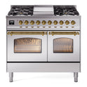 ILVE UPD40FNMPSSG Nostalgie II 40 inch Dual Fuel Range with Double Ovens, 6 Burners and Griddle (Natural Gas, Triple Glass Door, Stainless Steel, Brass)