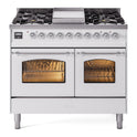 ILVE UPD40FNMPWHC Nostalgie II 40 inch Dual Fuel Range with Double Ovens, 6 Burners and Griddle (Natural Gas, Triple Glass Door, White, Chrome)