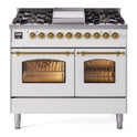 ILVE UPD40FNMPWHG Nostalgie II 40 inch Dual Fuel Range with Double Ovens, 6 Burners and Griddle (Natural Gas, Triple Glass Door, White, Brass)