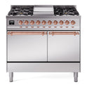 ILVE UPD40FQNMPSSP Nostalgie II 40 inch Dual Fuel Range with Double Ovens, 6 Burners and Griddle (Natural Gas, Solid Door, Stainless Steel, Copper)