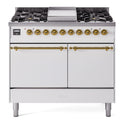 ILVE UPD40FQNMPWHG Nostalgie II 40 inch Dual Fuel Range with Double Ovens, 6 Burners and Griddle (Natural Gas, Solid Door, White, Brass)