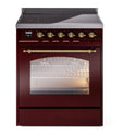 ILVE UPI304NMPBUG Nostalgie II 30 inch Induction Range with 4 Elements (Triple Glass Door, Burgundy, Brass)