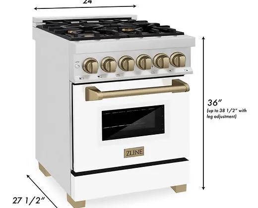 ZLINE Autograph Edition 24 in. 2.8 cu. ft. Legacy Dual Fuel Range with 4 Burner Gas Cooktop and Electric Convection Oven in Stainless Steel with White Matte Door and Polished Gold Accents (RAZ-WM-24-G) Zline