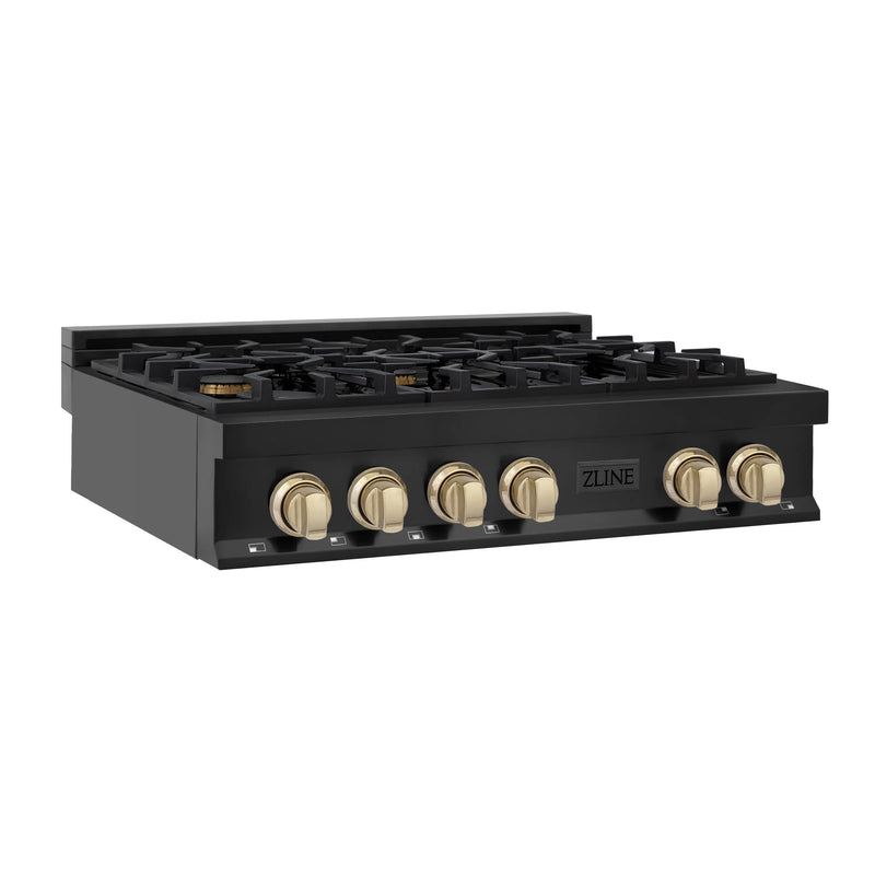 ZLINE Autograph Edition 36 in. Porcelain Rangetop with 6 Gas Burners in Black Stainless Steel and Polished Gold Accents (RTBZ-36-G) Zline