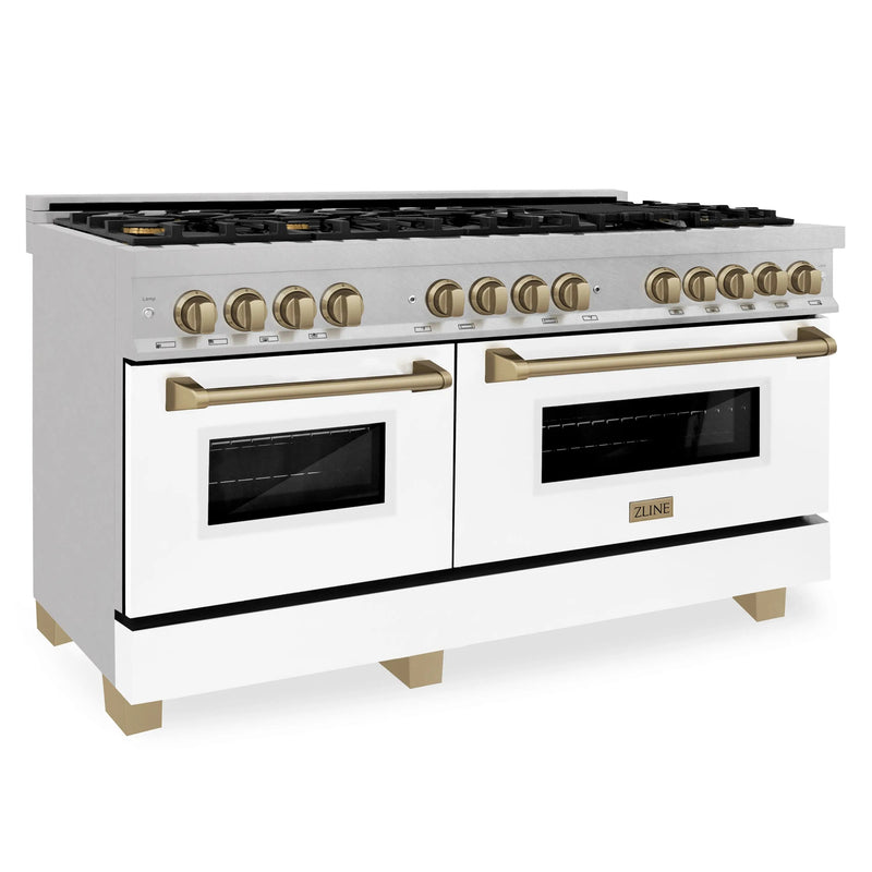 ZLINE Autograph Edition 60 in. 7.4 cu. ft. Legacy Dual Fuel Range with 9 Burner Gas Cooktop and 2 Electric Convection Ovens in Satin Stainless Steel with White Matte Doors and Champagne Bronze Accents (RASZ-WM-60-CB) Zline