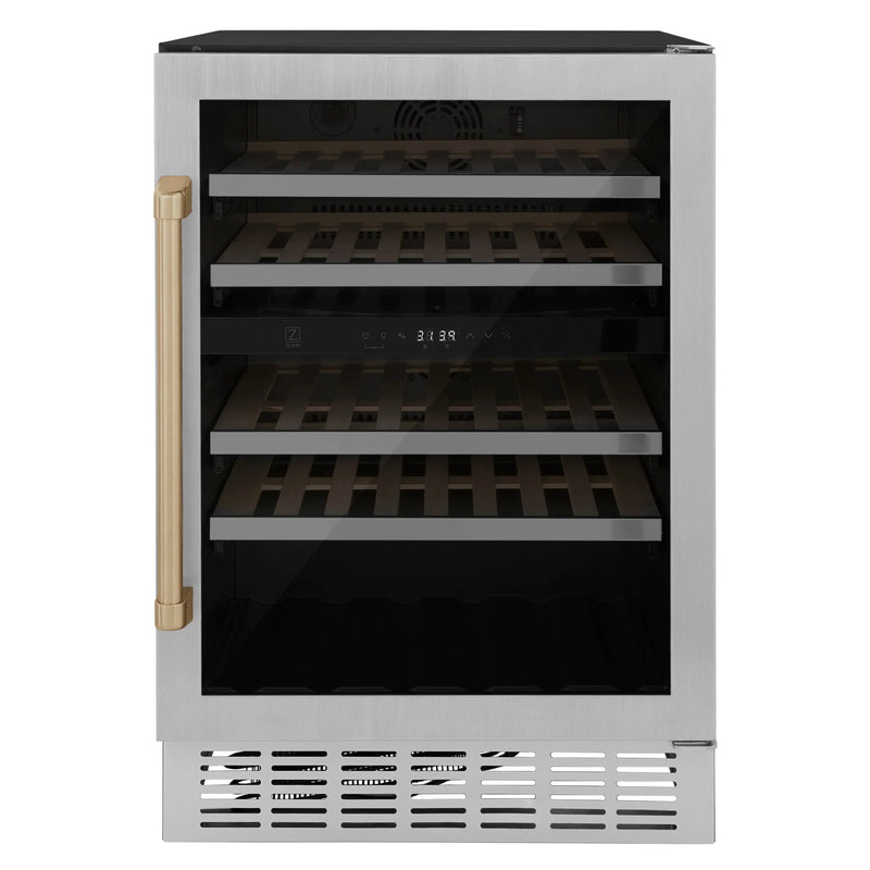 ZLINE 24" Autograph Edition Dual Zone 44-Bottle Wine Cooler in Stainless Steel with Wood Shelf and Champagne Bronze Accents (RWVZ-UD-24-CB) Zline