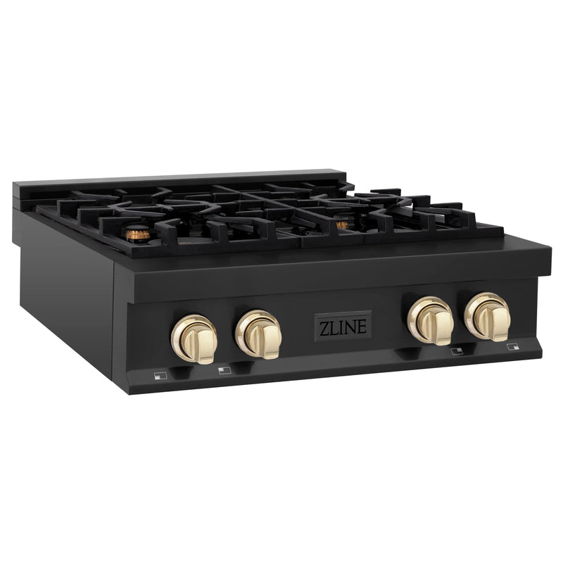 ZLINE Autograph Edition 30" Porcelain Rangetop with 4 Gas Burners in Black Stainless Steel and Polished Gold Accents (RTBZ-30-G) Zline