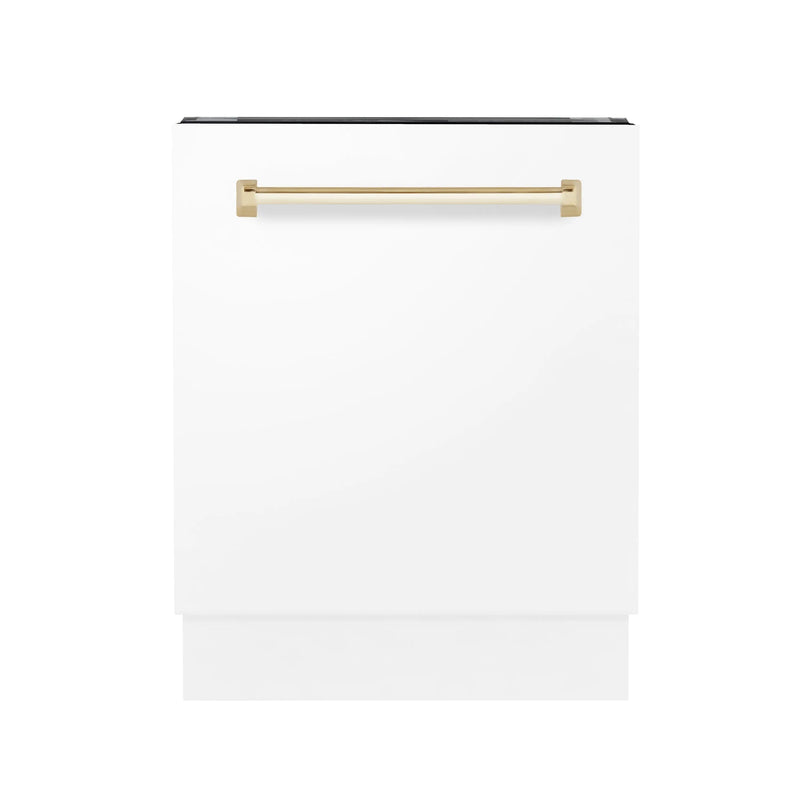 ZLINE Autograph Edition 24" Tallac Series 3rd Rack Top Control Built-In Tall Tub Dishwasher in White Matte with Polished Gold Handle, 51dBa (DWVZ-WM-24-G) Zline