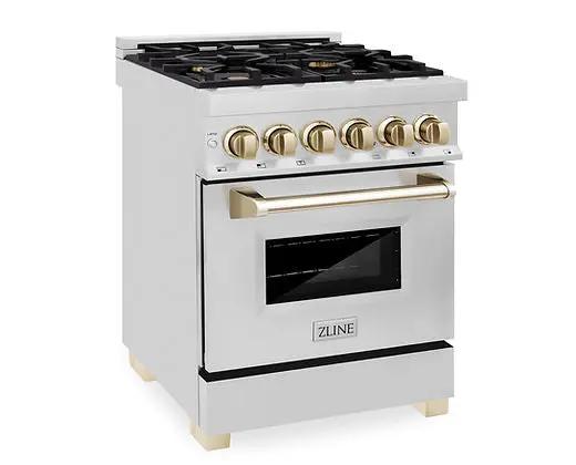 ZLINE Autograph Edition 24 in. 2.8 cu. ft. Legacy Dual Fuel Range with 4 Burner Gas Cooktop and Electric Convection Oven in Stainless Steel and Polished Gold Accents (RAZ-24-G) Zline