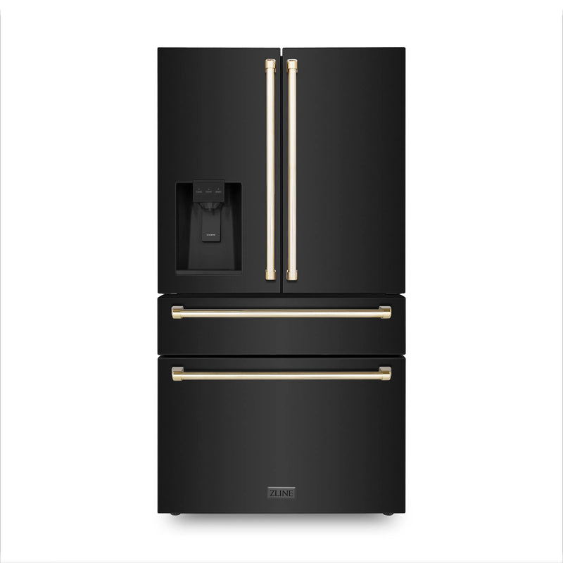 ZLINE Autograph Edition 36 in. 21.6 cu. ft Counter-Depth French Door Refrigerator with Water and Ice Dispenser in Fingerprint-Resistant Black Stainless Steel with Champagne Bronze Traditional Handles (RFMZ-W-36-BS-CB) Zline