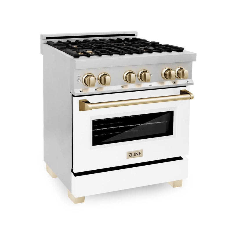ZLINE Autograph Edition 30 in. 4.0 cu. ft. Legacy Dual Fuel Range with 4 Burner Gas Cooktop and Electric Convection Oven in Stainless Steel with White Matte Door and Polished Gold Accents (RAZ-WM-30-G) Zline