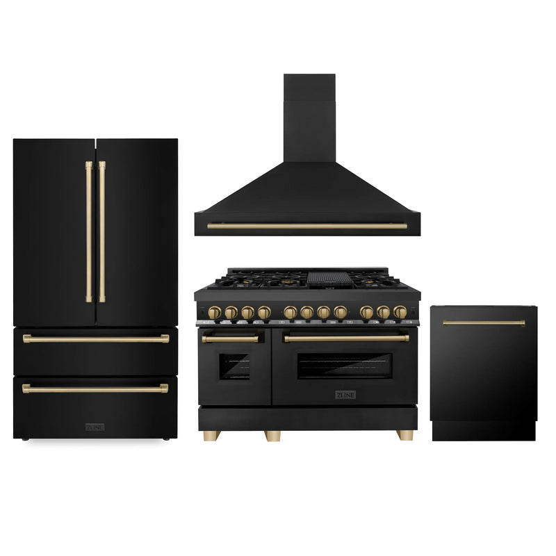 ZLINE 48" Autograph Edition Kitchen Package with Black Stainless Steel Dual Fuel Range, Range Hood, Dishwasher and Refrigeration with Champagne Bronze Accents (4AKPR-RABRHDWV48-CB) Zline
