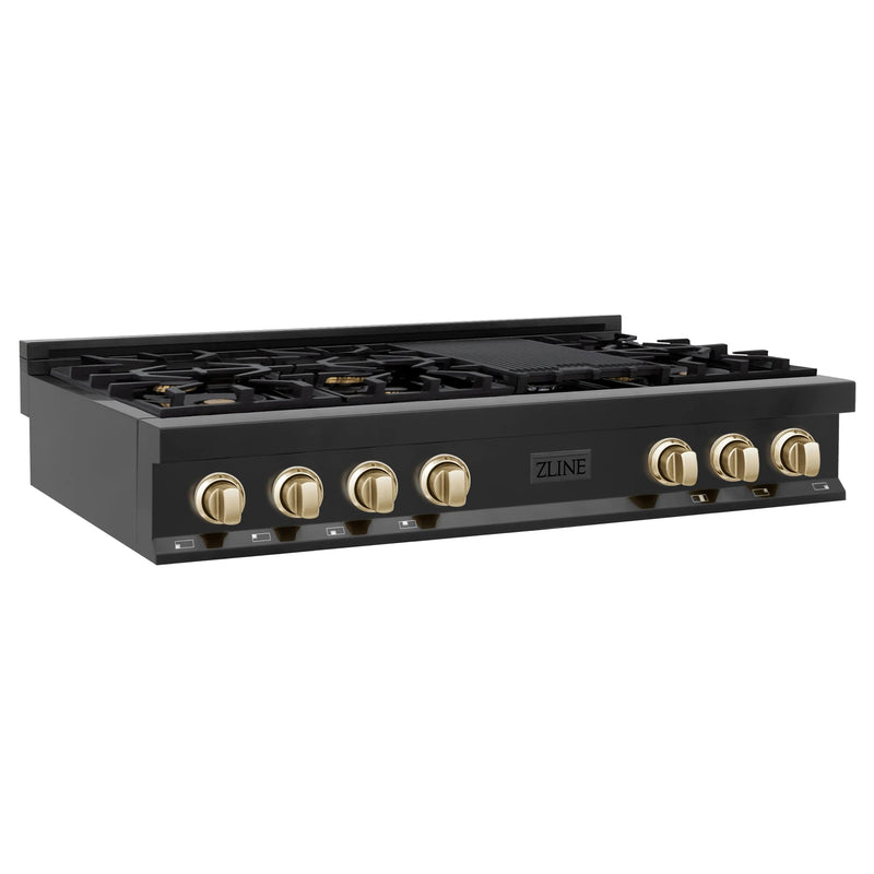 ZLINE Autograph Edition 48" Porcelain Rangetop with 7 Gas Burners in Black Stainless Steel and Polished Gold Accents (RTBZ-48-G) Zline